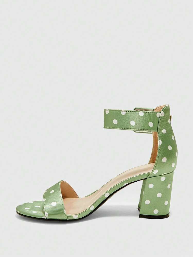 CUCCOO BIZCHIC Women's Imitation Suede Thick Heel Ankle Strap Sandals, Suitable For Summer Graduation Ceremonies, Proms, Vacations, Homecoming, College Students - Green polka dot - View 6