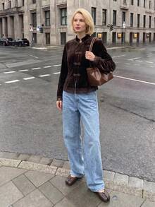 Struktiv Damen Herbst/Winter Mode Stehkragen Samt glänzend Froschknopf Kontrast Spitze chinesischer Stil Lässig Outdoor Shopping Party Jacke - Braun - Übersicht 1