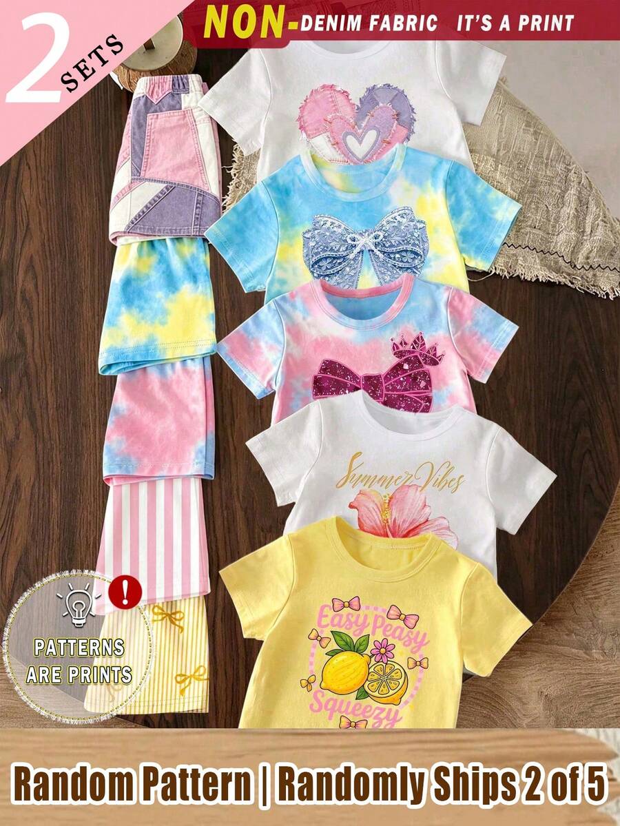 (Random 6 Sets, Send 2 Set)Summer Young Girl Creative Personalized Tie Dyeing Flower Shining Bow Pattern Printed Basic Short T+Shorts Set - Multicolor - View 1