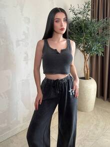 hhfernanda Women's Plus Size Summer Streetwear Vintage Going Out Casual Renaissance Fair Club Sexy Y2K Rib Knit Washed Grey Notched Collar Truncated Tank Black - Black - View 6