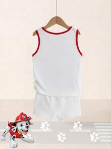 SHEIN | PAW Patrol Young Boy Cartoon Print Colorblock Crew Neck Tank Top And Shorts Loungewear Set - Red and White - View 2