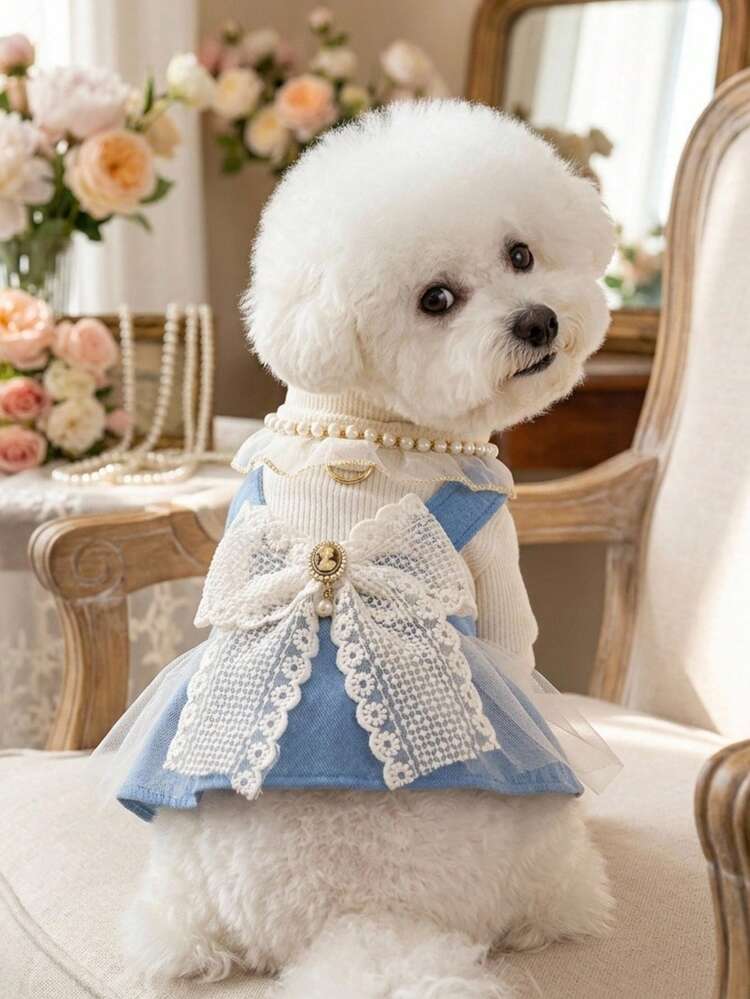 PETSIN 1件貓狗通用寵物服飾，珍珠蕾絲領公主風貓狗洋裝，適合寵物生日派對、主人婚禮情侶套裝，輕奢名媛風寵物拍照 - 藍色 - 查看 3