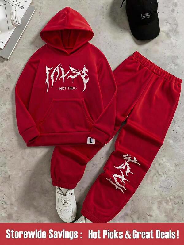 SHEIN 2pcs/Set Tween Boy Stylish Streetwear Backstreet Boy Basic Graphic Print Hoodie And Sweatpants Set Chic Outfits For Autumn/Winter Red And White School