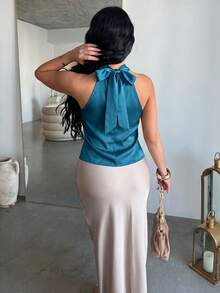 Dayanna Comas Women's Apricot Halter Neckline Tie Detail Minimalist Elegant Blouse Summer - Teal Blue - View 2