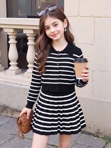SHEIN Girls' Autumn/Winter Fashion Striped Knit Sweater Long Sleeve Cardigan & Black Skirt Set Pullover - Black - View 8
