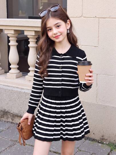 SHEIN Girls' Autumn/Winter Fashion Striped Knit Sweater Long Sleeve Cardigan & Black Skirt Set
