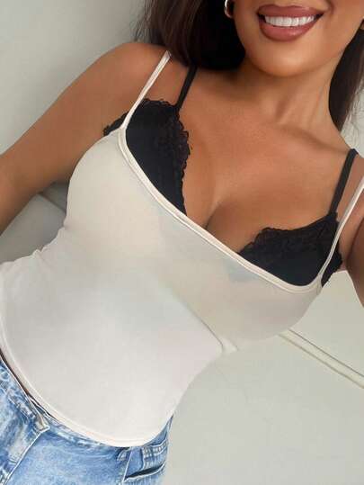 Dazy Plus Contrast Color Patchwork 2 In 1 Fitted Cropped Top, Minimalist Sexy Style, Plus Size Women's Spring/Summer Camisole Top