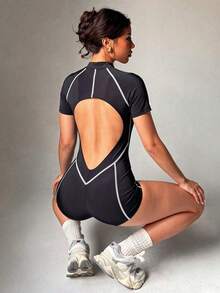 Sirith Dewbera High Elasticity Fitness Jumpsuit, Short Sleeve Short Shorts Workout Outfit, Backless Sports Jumpsuit With Zipper - Black - View 2