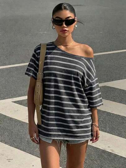 Muchica Plus Size Women's Casual Off-Shoulder Drop Shoulder Short Sleeve Loose Fit T-Shirt, Gray T-Shirt, Vintage, Women's Summer Clothing Formal Vacation