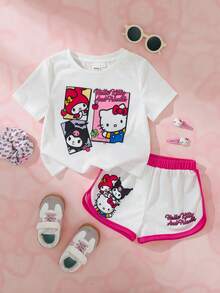 HELLO KITTY AND FRIENDS | SHEIN 女童趣味卡通印花圓領短袖T恤搭配條紋對比色短褲 2件套 - 白色 - 查看 1