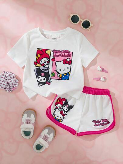 HELLO KITTY AND FRIENDS | SHEIN 女童趣味卡通印花圓領短袖T恤搭配條紋對比色短褲 2件套