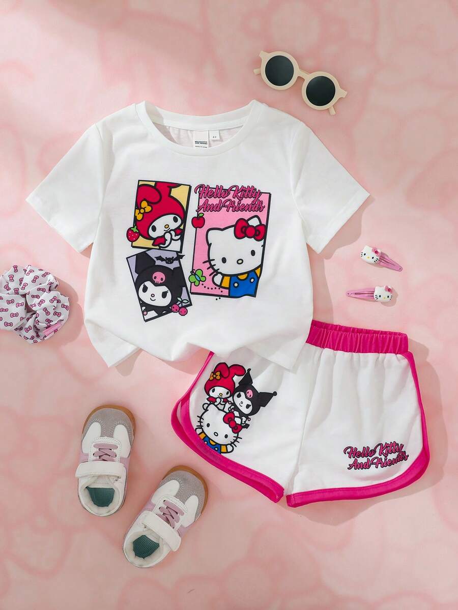 HELLO KITTY AND FRIENDS | SHEIN 女童趣味卡通印花圓領短袖T恤搭配條紋對比色短褲 2件套 - 白色 - 查看 1