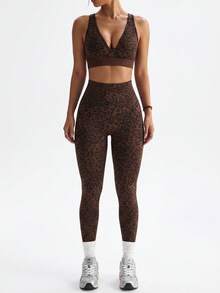 SHEIN Dewbera Women's Seamless Leopard Print Cropped Tank Top And Leggings Sports Set - Brown - View 4
