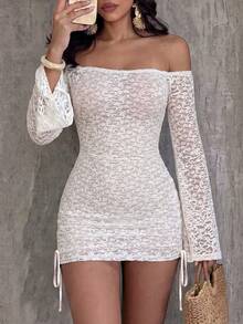 Swim Vcay Women's Lace Cover-Up Moonlight White Heart Lace Texture Exposed Shoulder Slim Fit Bodycon Side Detail Sexy Y2K Style Summer Vacation Nightclub Pool Niche Eye-Catching Look Crisp Youthful Travel Photography Outfit Personalized Check-In Style Beach Outerwear Sheer Bright - White - View 2