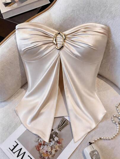 GlowEve Beige Summer Elegant Sexy Party Night Out Date Night Champagne Satin Ruched Bandeau Top With Metal Ring, Weddings Galas Commute Graduation Bridal Wear