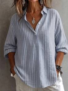 SHEIN Blusa de mujer con diseño de estampado a rayas, cuello de solapa, corte holgado, estilo bohemio casual, para oficina, brunch, viajes, vacaciones, regreso a clases, Día del Maestro, otoño - Azul - Ver 3
