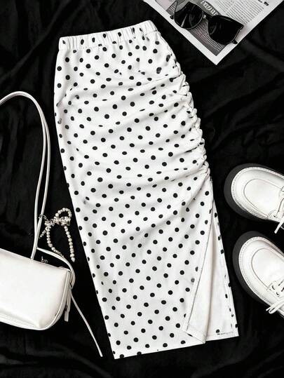 SHEIN Tween Girl Polka Dot Pleated Casual Versatile Daily Wear Skirt