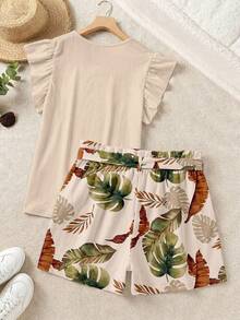 SHEIN LUNE Elegant Solid Color Ruffle Top And Printed Shorts 2 Pieces Set - Multicolor - View 2