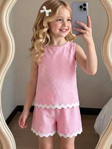 Elladie kids Bộ áo thun không tay và quần short dáng rộng cho bé gái, chất liệu vải có họa tiết, phối màu tương phản. - Hồng - Xem 2