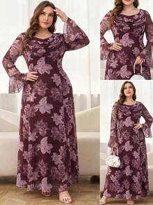 Reflora Plus Size Women's Floral Print Pleated Flare Sleeve Elegant Dress - Green - View 8
