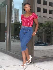 Steph T French Style New Summer Vintage Sweet & Cute Red Polka Dot Print Puff Sleeves Bowknot Blouse For Ladies - Red - View 5