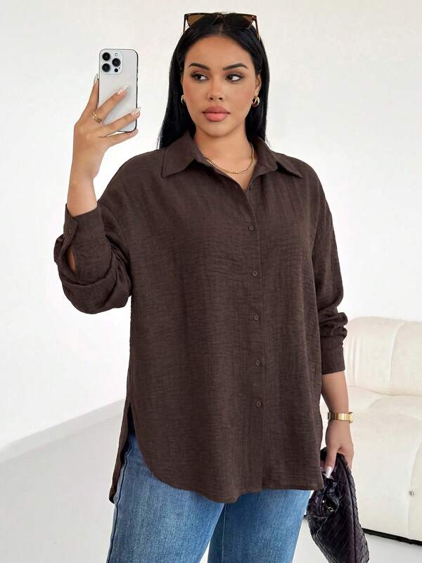 SHEIN Essnce Plus Size Women's Spring/Autumn Fashion Casual Loose Comfortable Daily Basic Versatile Slimming Dark Brown Button Long Sleeve Shirt, Autumn Outfit, Women's Shirt, Minimalist Style, Super Loose Top