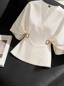 GlowEve French Chic Distinctive Blouse, Lightweight Luxury High-End Commuter Versatile Cinched Waist Batwing Sleeve Shirt, Summer - Apricot - View 3