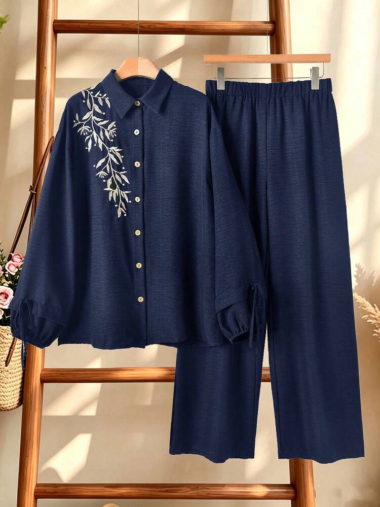 Rusticease Women's Plant Embroidery Long Sleeve Shirt And Wide Leg Pants Casual 2 Pieces Set - Navy Blue - View 3