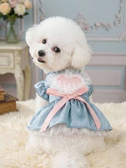 PETSIN 1pc Embroidered Pink Lace Love Pet Princess Style Dress, Wear Thin Cat And Dog Clothes In Early Autumn Weather