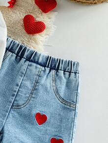 SHEIN Vintaside Kids 女嬰熱門愛心印花對比滾邊短袖上衣 時尚可愛端莊 拍照用 親子套裝 白色藍色 夏季 - 淺色水洗藍 - 查看 5