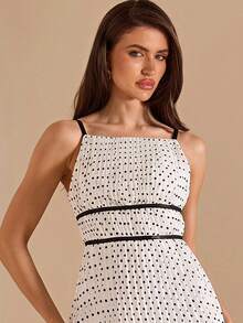 SHEIN BAE Summer White And Black Polka Dot Spaghetti Strap Ruched Bodycon A-Line Dress, Brunch Tea Party Vacation Wedding Guest Elegant Romantic - Black and White - View 5