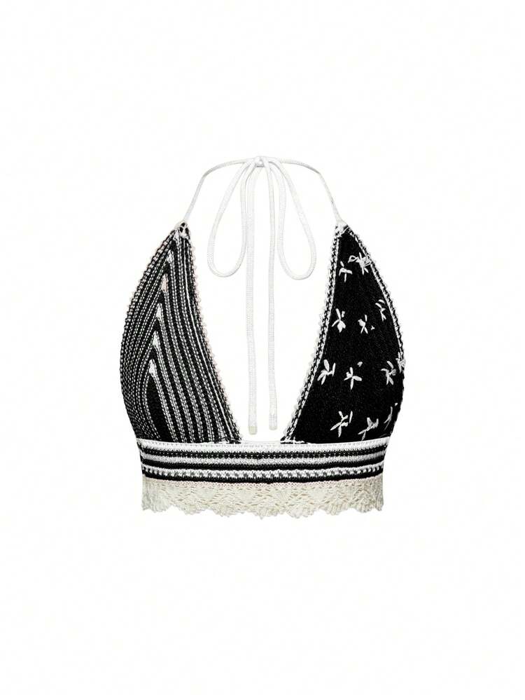ROMWE J-Fashion Áo len dệt kim dáng ngắn nữ phối màu kẻ sọc, hở lưng, cổ yếm, phong cách boho gợi cảm cho đi biển nghỉ dưỡng mùa hè, màu đen trắng - Đen và trắng - Xem 4
