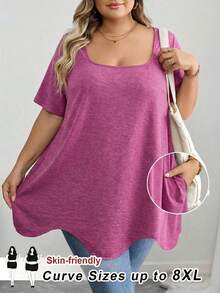 SHEIN CURVE+ 大码曲线/秋季服装/秋季女装/冬季女装/冬季服装大码方领不对称下摆口袋短袖T恤大码黑色上衣8XL女装6XL大码女装5XL大码大码上衣曲线，女士假日装扮女士秋季服装，冬季，曲线加大码 - 玫紅色 - 查看 1
