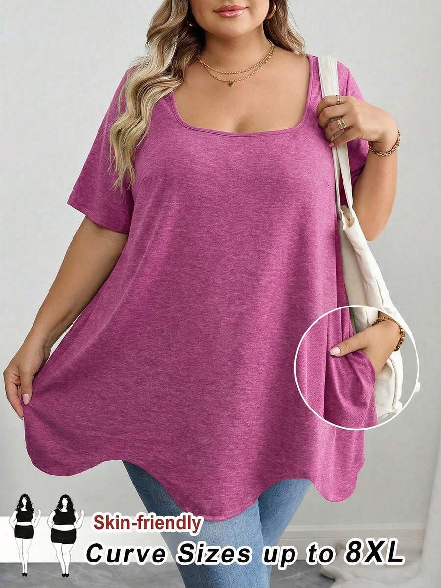 SHEIN CURVE+ 大码曲线/秋季服装/秋季女装/冬季女装/冬季服装大码方领不对称下摆口袋短袖T恤大码黑色上衣8XL女装6XL大码女装5XL大码大码上衣曲线,女士假日装扮女士秋季服装,冬季,曲线加大码 - 玫紅色 - 查看 1