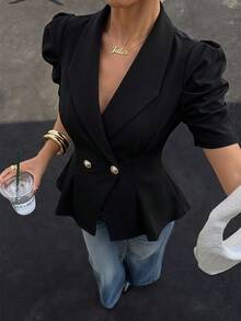 SHEIN MOD Blazer Wanita Ukuran Besar Warna Polos Kasual Serbaguna untuk Pemakaian Sehari-hari - Hitam - View 8