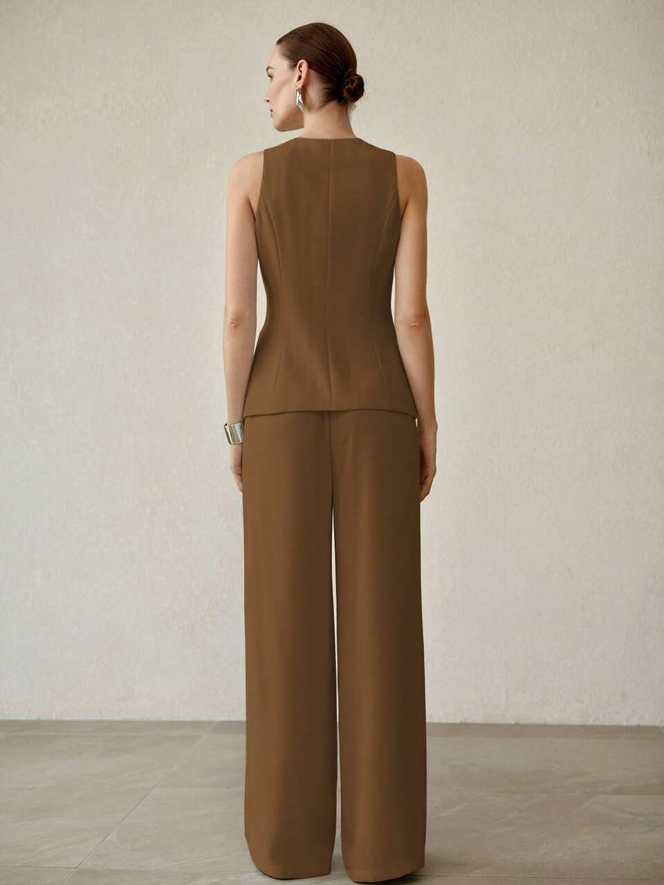 MOTF WOMEN'S SOLID METAL BUTTON DETAIL WAISTCOAT & PANTS 2 PIECES SET , OLD MONEY STYLE
