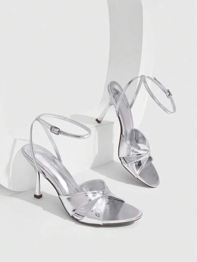 CUCCOO SZL Silver Patent Leather Cross-Strap High-Heeled Sandals, Women's Light Luxury Rear Strap Buckle Open-Toed High-Heeled Shoes