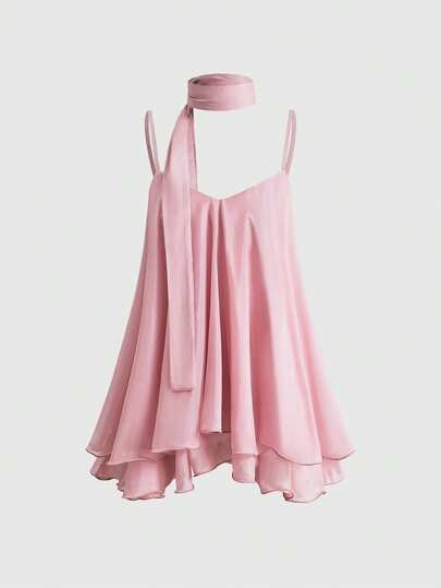 ROMWE Avant Abito corto da donna in chiffon romantico puro, fluido, con nastro e orlo arricciato