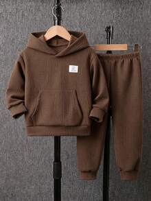 Young Boy Textured Hoodie And Pants Set Casual Kangaroo Pocket Brown Fall Outfits - Coffee Brown - View 3