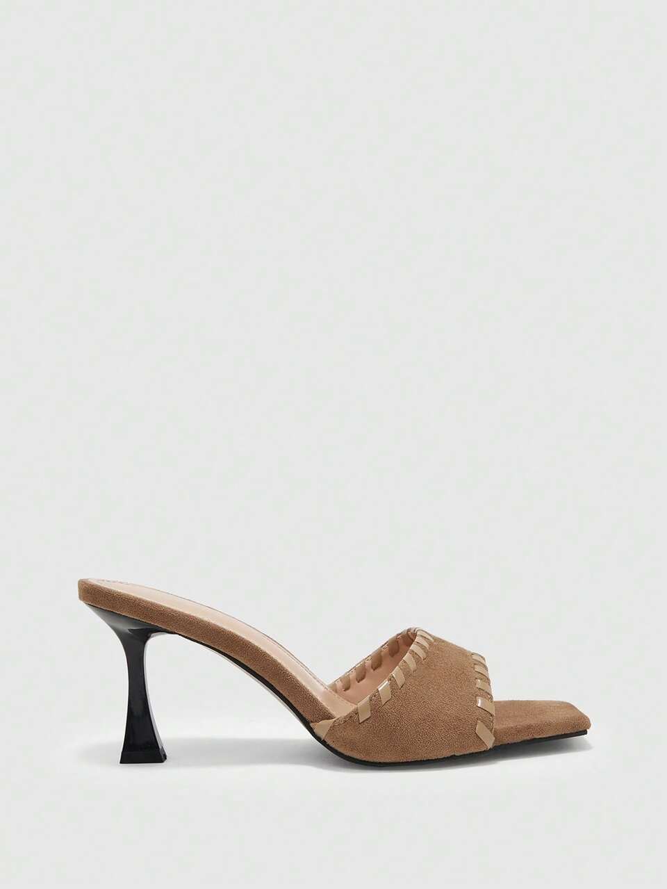CUCCOO BIZCHIC Spice Girl Fleece Camel Retro Square Toe High-Heeled Sandals, French Woven Women's Shoes