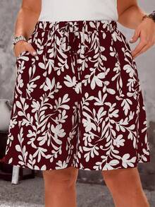 EMERY ROSE Shorts rectos con textura a rayas, cintura elástica con cordón y bolsillos para mujer de talla grande - Burdeos - Ver 1