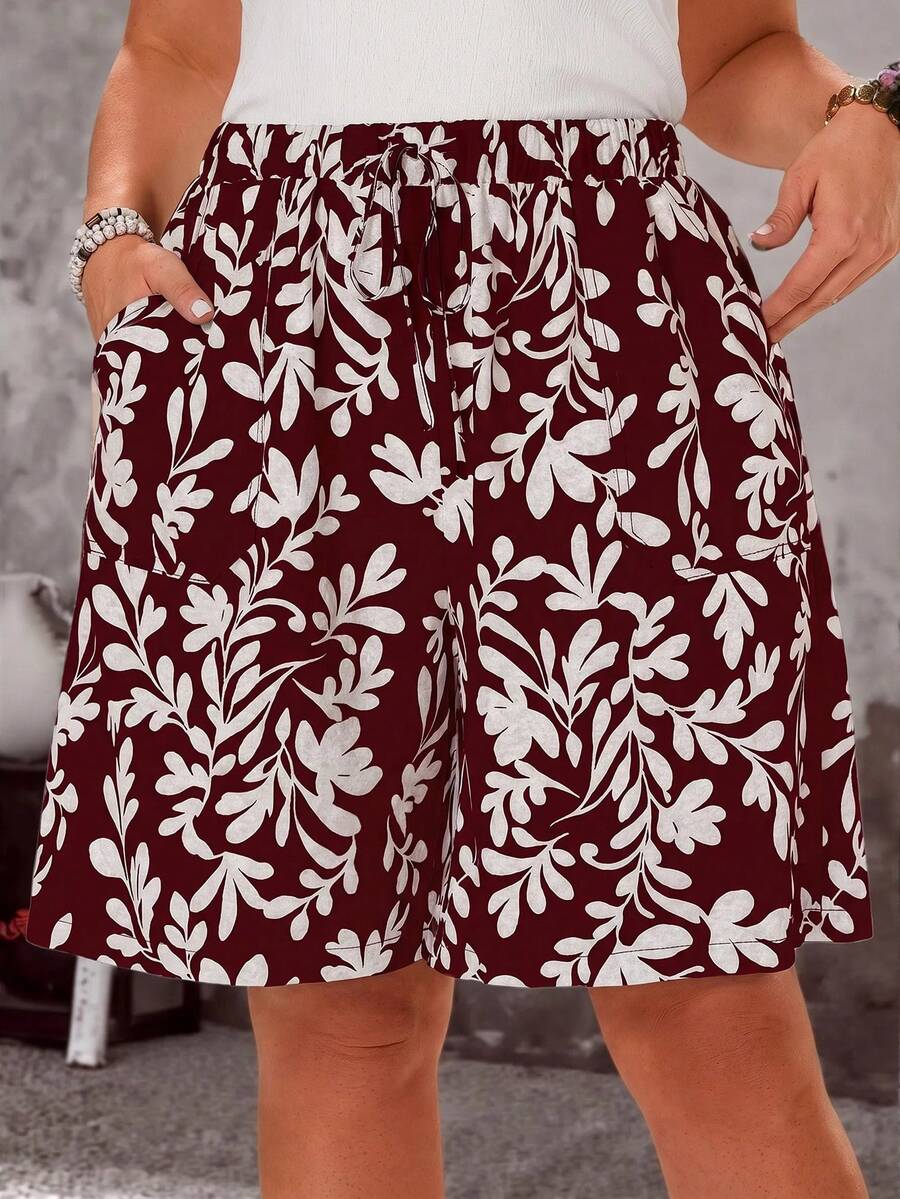 EMERY ROSE Shorts rectos con textura a rayas, cintura elástica con cordón y bolsillos para mujer de talla grande - Burdeos - Ver 1
