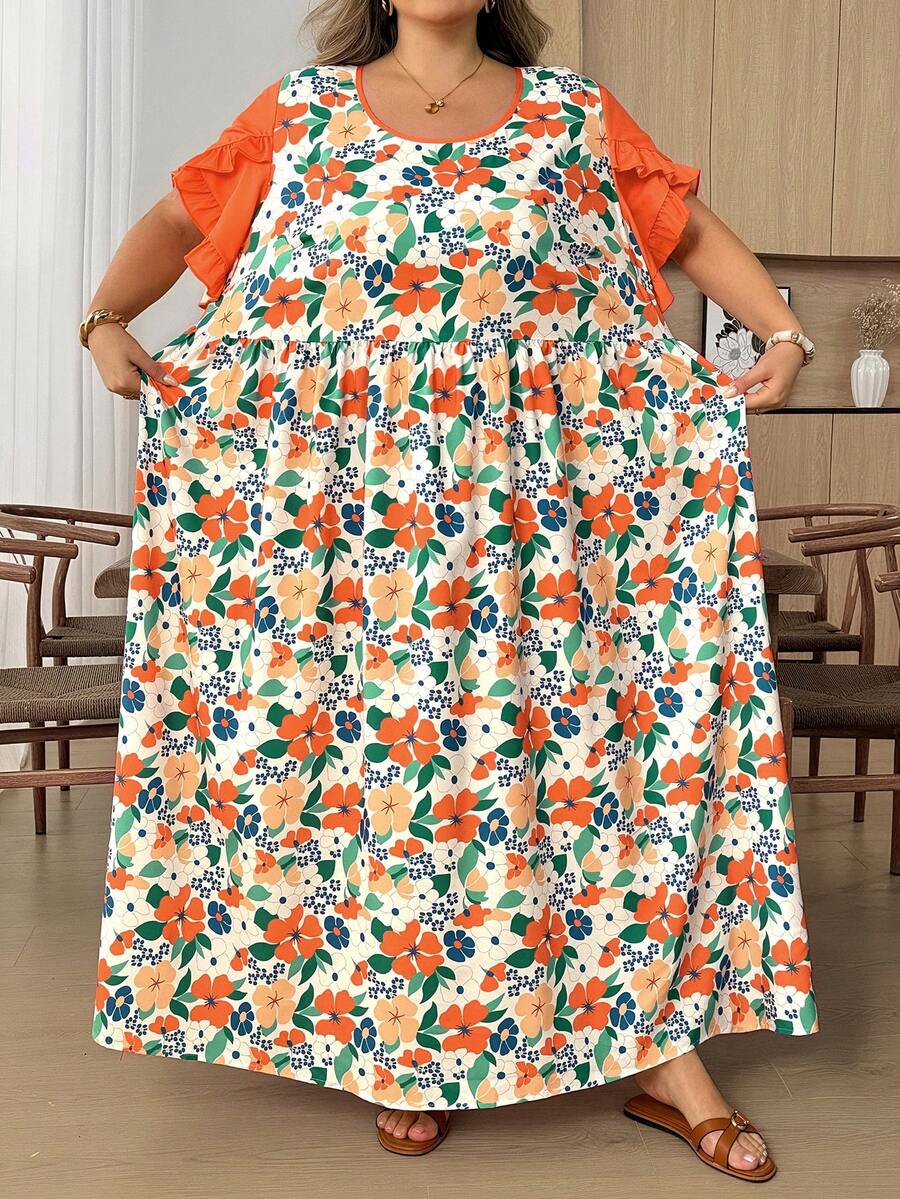 SHEIN CURVE+ 大尺碼US22音樂節海邊度假波希米亞風隨機印花休閒度假風數位印花寬鬆短袖洋裝 - 彩色 - 查看 1