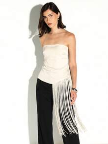 KSTM Strapless Tube Top With Dramatic Side Fringe Trim Bodycon Fit Evening Party Style - Cream - View 5