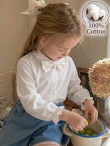 Young Girl Young Girl Woven Solid Color 3D Bow Casual Shirt - White - View 1