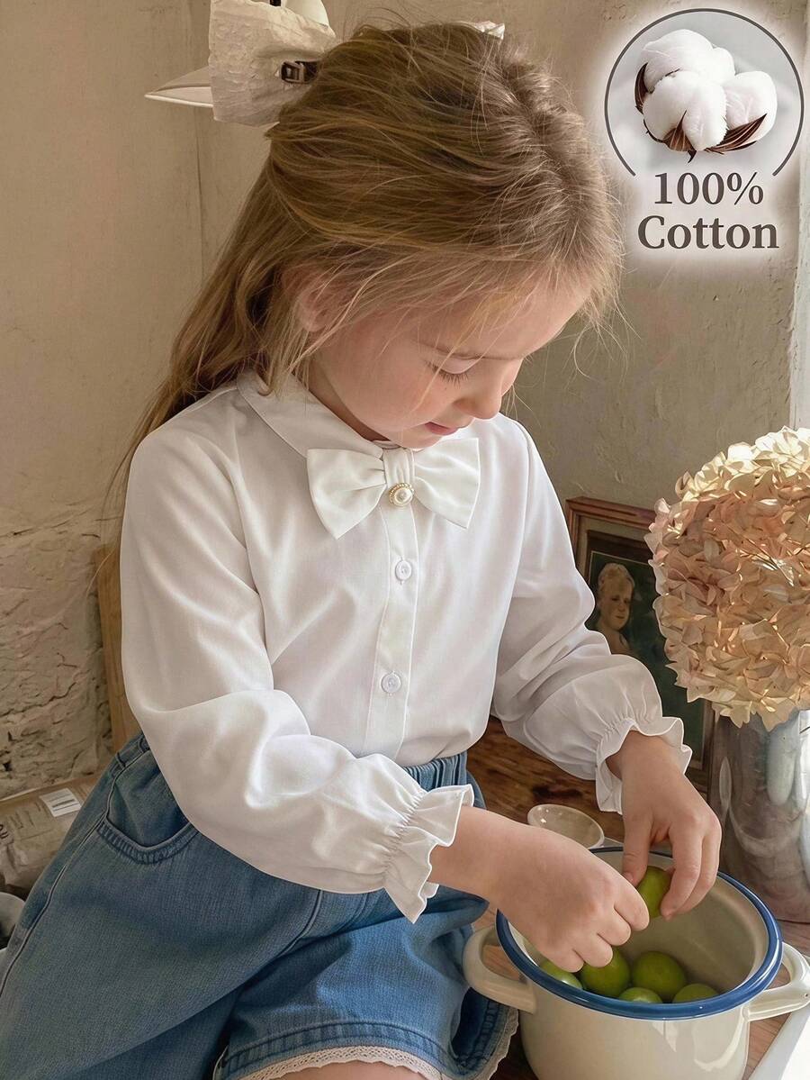 Young Girl Young Girl Woven Solid Color 3D Bow Casual Shirt - White - View 1