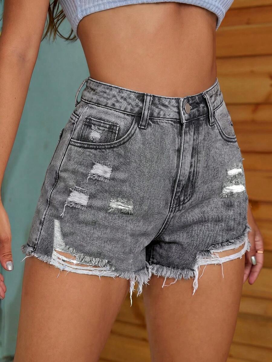 Jeanoix Celana Pendek Denim Wanita Serbaguna Kasual dengan Saku, Kancing, Detail Sobek dan Ujung Berumbai, Warna Abu-abu, Cocok untuk Berbagai Acara dan Musim Panas - Light Grey - View 1