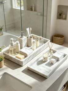 Marble Tray For Bathroom, 2 Pieces Tray Set. Made Of Silicone, Featuring White Marble Patterns, Suitable For Bathrooms, Bathtubs, Kitchen Sinks, And Bathroom Silicone Trays. - multicolor - View 7