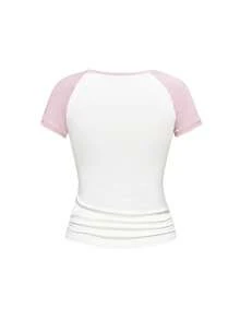 Strawberry Shortcake | ROMWE Camiseta de mujer de manga corta con cuello redondo, bloques de color, letras y diseño de dibujos animados - Blanco - Ver 3