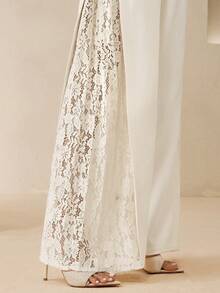 Anewsta Elegant White Wide-Leg Pants With Contrast Lace And Pleats, Suitable For Daily Wear Brunch Tea Party And Dates Autumn - Apricot - View 4